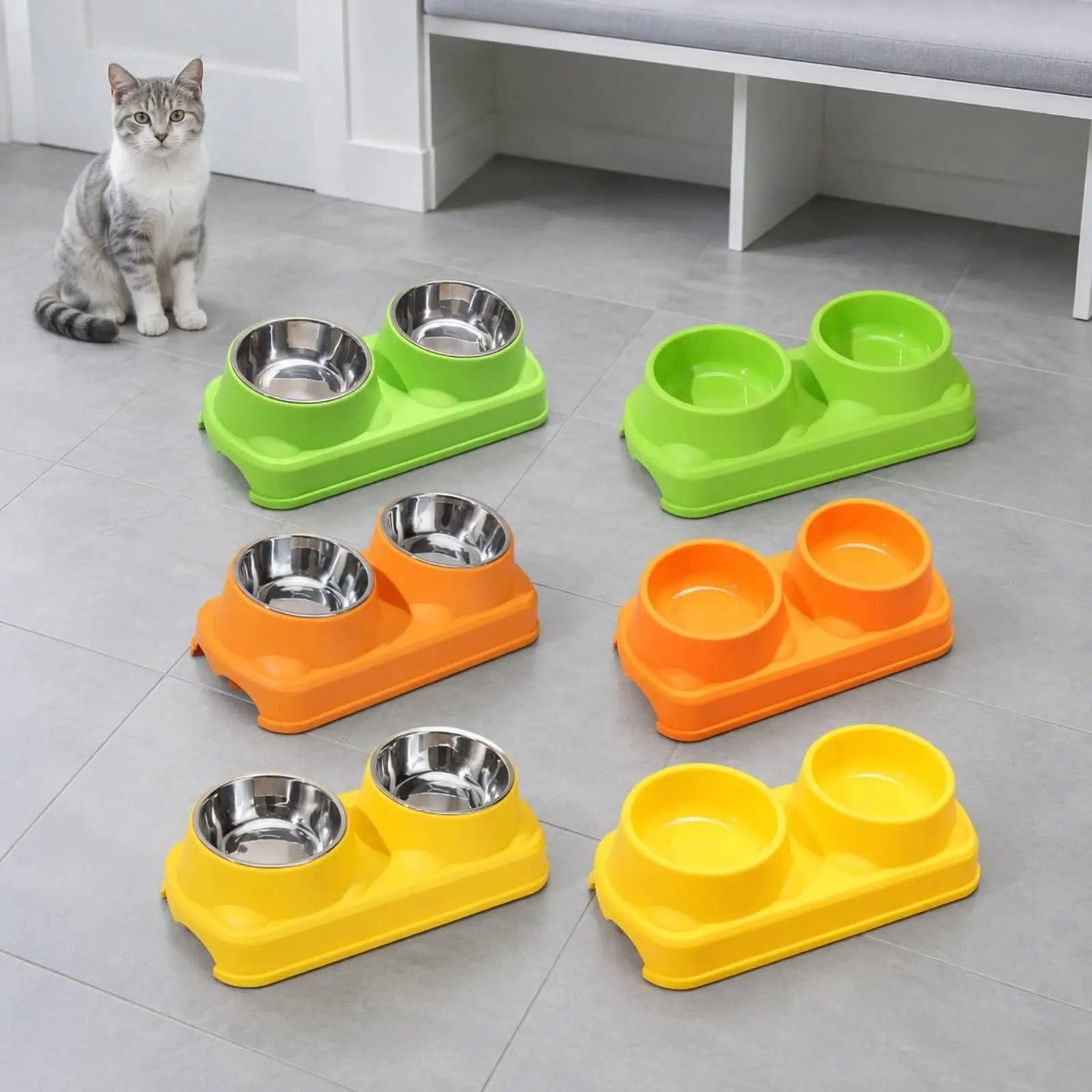 Rack height detachable double bowl - pet feeding bowl