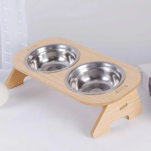 Fixed angle wooden detachable pet feeding bowl - double bowl