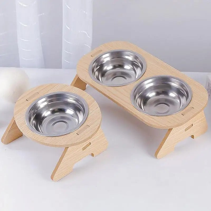 Fixed angle wooden detachable pet feeding bowl - double bowl