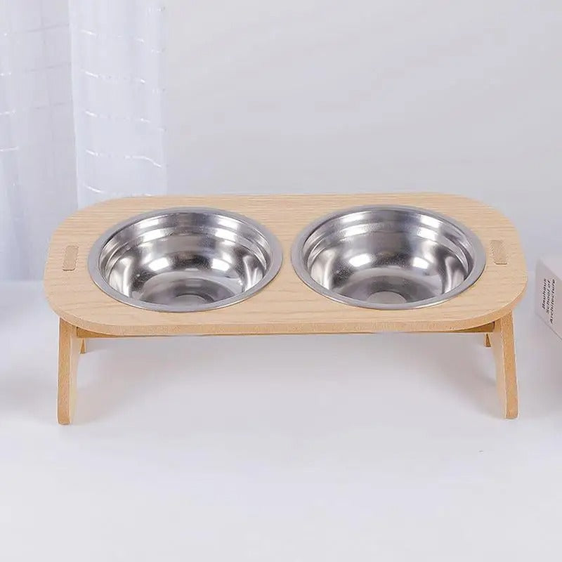Fixed angle wooden detachable pet feeding bowl - double bowl