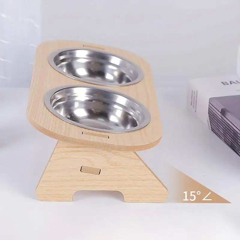 Fixed angle wooden detachable pet feeding bowl - double bowl