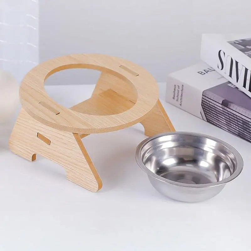Fixed angle wooden detachable pet feeding bowl - double bowl
