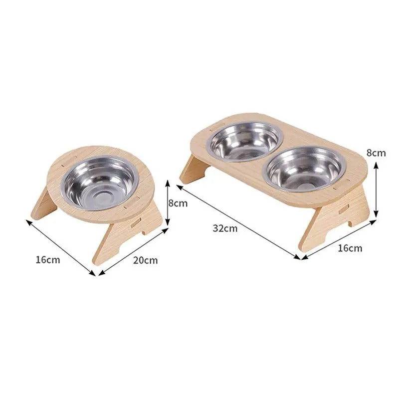 Fixed angle wooden detachable pet feeding bowl - double bowl