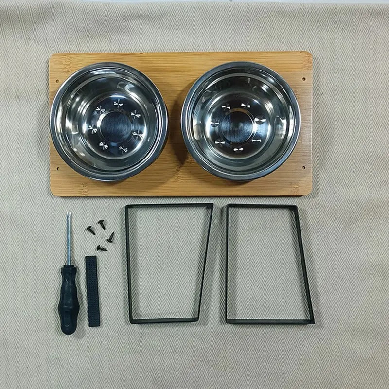 Fixed angle pet feeding bowl - double bowl