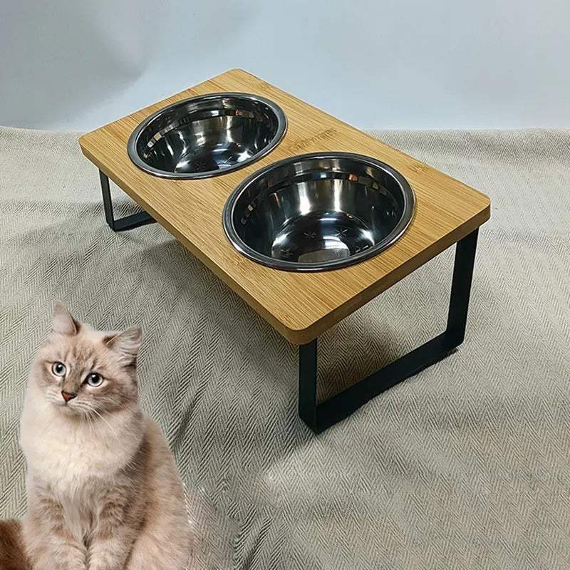 Fixed angle pet feeding bowl - double bowl
